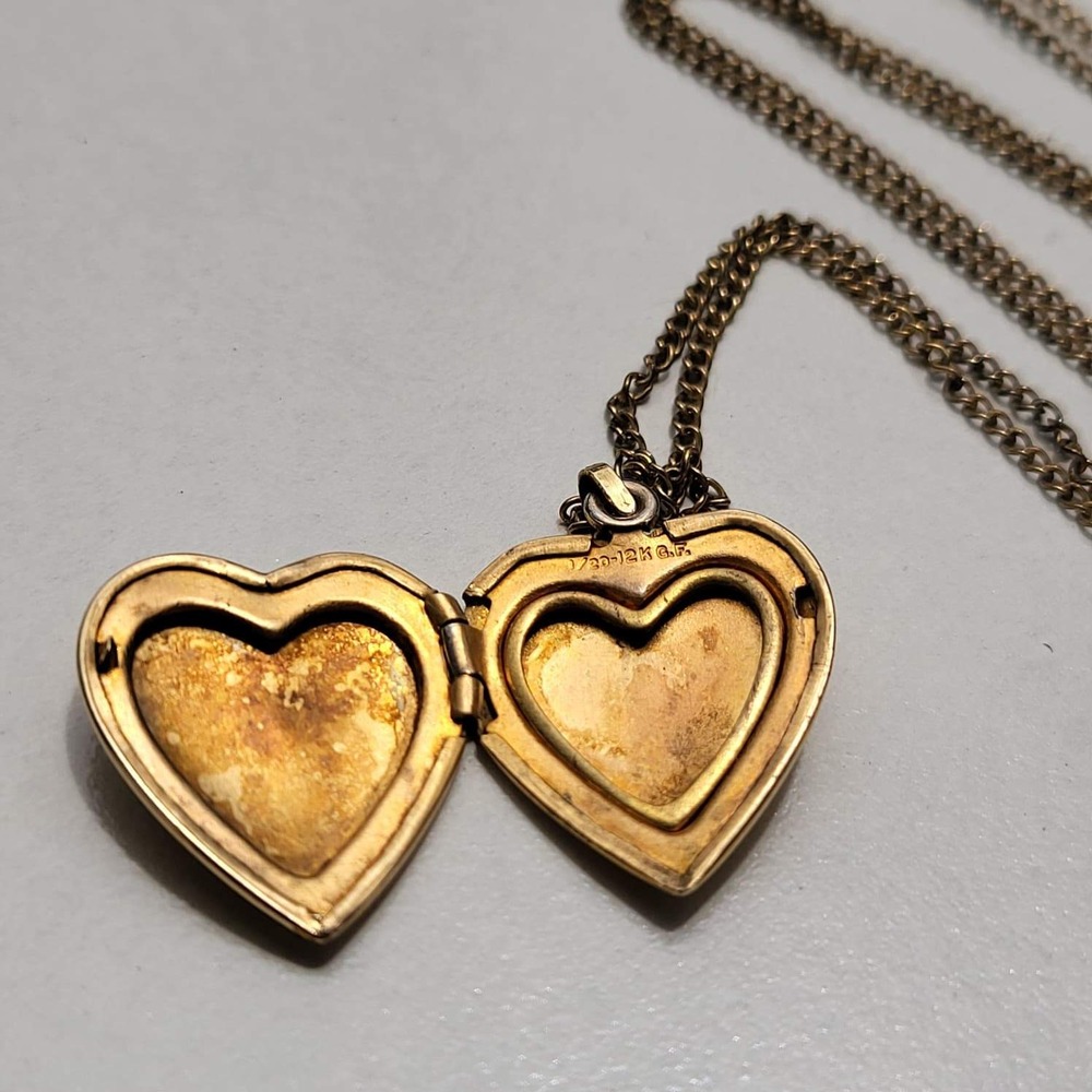 12K Gold Filled Diamond Heart Locket Necklace Vintage Etched Floral - Picture 6 of 10